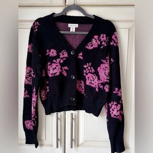 NWOT ruby moon Black Cardigan with Pink Floral Jacquard. Large.